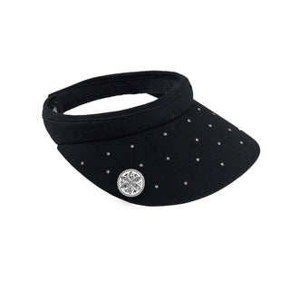 Black Clip ladies golf visor,  100% polyester with quick-drying fabrics. The visor comes in a one size fits all design which clips around your head to hold it securely in place. It features a concealed magnet in in the strong curved, crystal detailed peak with a hand enameled flower look golf ball marker attached.  The headband features a soft lined absorbent towel.