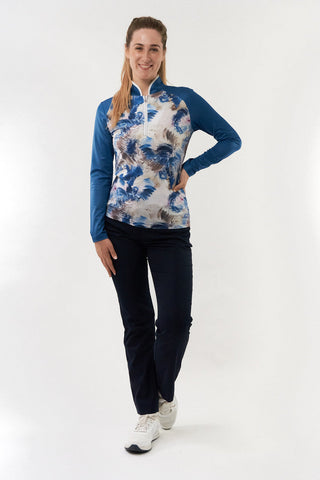 Pure Golf Sienna Long Sleeve Zip Neck Top - Stone Canvas Collection - Vallarta Blue
