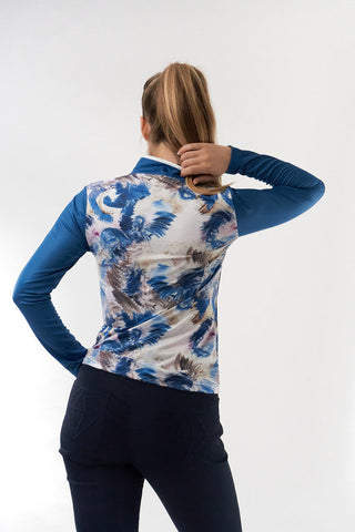 Pure Golf Sienna Long Sleeve Zip Neck Top - Stone Canvas Collection - Vallarta Blue
