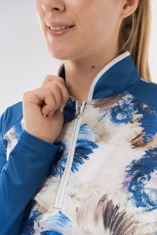 Pure Golf Sienna Long Sleeve Zip Neck Top - Stone Canvas Collection - Vallarta Blue