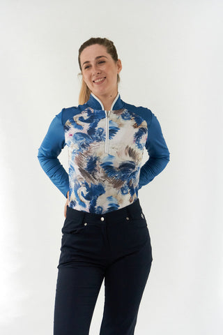 Pure Golf Sienna Long Sleeve Zip Neck Top - Stone Canvas Collection - Vallarta Blue