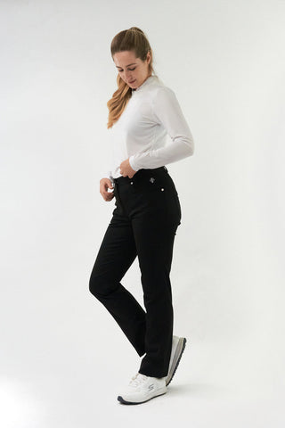 Black ladies golf trousers made from flexible lightweight 4 way stretch material.  Featuring a zip and button fastening with five belt loops, a regular fit with anti-crease and anti-static properties. These women's golf trousers have two open pockets to the front and back. Size 8 to 20.