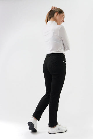 Black ladies golf trousers made from flexible lightweight 4 way stretch material.  Featuring a zip and button fastening with five belt loops, a regular fit with anti-crease and anti-static properties. These women's golf trousers have two open pockets to the front and back. Size 8 to 20.