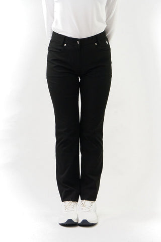 Black ladies golf trousers made from flexible lightweight 4 way stretch material.  Featuring a zip and button fastening with five belt loops, a regular fit with anti-crease and anti-static properties. These women's golf trousers have two open pockets to the front and back. Size 8 to 20.