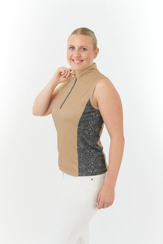 Pure Golf Ladies Elise Sleeveless Golf Polo Shirt - Coffee Cheetah