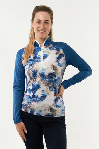 Pure Golf Sienna Long Sleeve Zip Neck Top - Stone Canvas Collection - Vallarta Blue