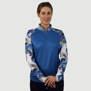 Pure Golf Hazel Long Sleeve Zip Neck Top- Stone Canvas Collection - Vallarta Blue