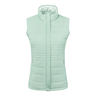 Frosted Sage Pure Golf Eve reversible ladies gilet for golf is insulated, winter-weight, patterned and reversible. It has been Insulated for warmth without being bulky. It has a unique frosted field, floral print  on one side and plain frosted sage on the other for versatility of wear. It has pockets on both sides and two-way zippers. The flattering quilting style and fit enhances your silhouette.