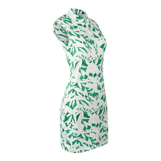 The Pure Golf product side shot of the Wild Peony Emerald Miley Sleeveless dress features our botanical print.  Made in 4-way stretch material for maximum flexibility and unrestricted movement with detachable shorts for versatility and coverage. The mock neck collar offers a sleek, modern look and is a flattering fit on all body types. Designed to be anti-crease, anti-static, and quick drying. It provides UPF 50+, 95% Polyester and 5% Spandex.