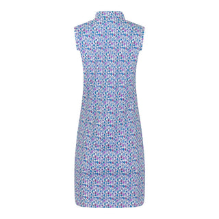 The Pure Golf product shot from the back of the Miley Sleeveless dress features our “Over Eighteen” print of cocktail motifs in a subtle scale and a mixture of blues and pinks. Made in 4-way stretch material for maximum flexibility and unrestricted movement with detachable shorts for versatility and coverage. The mock neck collar offers a sleek, modern look and is a flattering fit on all body types. Designed to be anti-crease, anti-static, and quick drying. It provides UPF 50+, 95% Polyester and 5% Spandex.