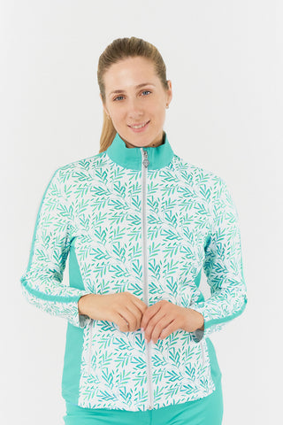 The Pure Golf Gella Ladies Golf Mid Layer Jacket in Floating Palms White close up model shot highlights a vibrant botanical print against a crisp white background, paired with ocean block color accents on the mock neck, sides, and thin stripes along each arm. This regular-fit polo offers 4-way stretch for a flattering fit on all body types. Crafted from 95% Polyester and 5% Spandex, the jacket is designed with anti-crease, anti-static, and quick-drying properties, as well as UPF 50+ sun protection.