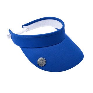 Royal Blue  ladies golf visor constructed with quick-drying fabrics. The visor comes in a one size fits all design with an elasticated cord at the rear to hold it securely in place. It also features a concealed magnet  in peak with a hand enamelled lace golf ball marker attached, making it a lovely golf accessory, golf gift! The headband features a soft lined absorbent towel.