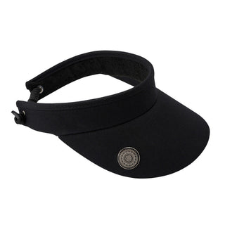 Black ladies golf visor constructed with quick-drying fabrics. The visor comes in a one size fits all design with an elasticated cord at the rear to hold it securely in place. It also features a concealed magnet  in peak with a hand enamelled lace golf ball marker attached, making it a lovely golf accessory, golf gift! The headband features a soft lined absorbent towel.