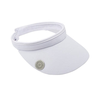 White Clip ladies golf visor constructed with quick-drying fabrics. The visor comes in a one size fits all design which clips around your head to hold it securely in place. It also features a concealed magnet  in peak with a hand enamelled lace effect golf ball marker attached, making it a lovely golf accessory, golf gift! The headband features a soft lined absorbent towel. 