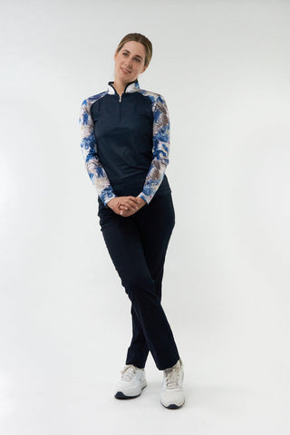 Pure Golf Hazel Long Sleeve Zip Neck Top - Stone Canvas Collection - Navy