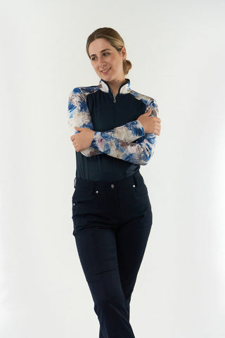 Pure Golf Hazel Long Sleeve Zip Neck Top - Stone Canvas Collection - Navy