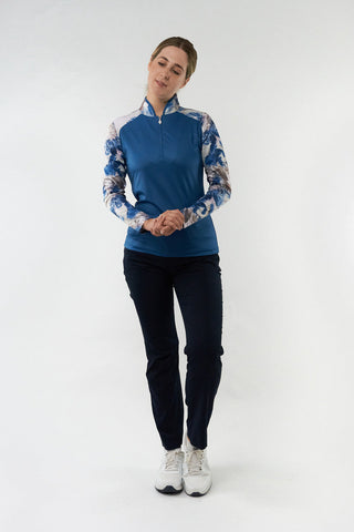 Pure Golf Hazel Long Sleeve Zip Neck Top- Stone Canvas Collection - Vallarta Blue