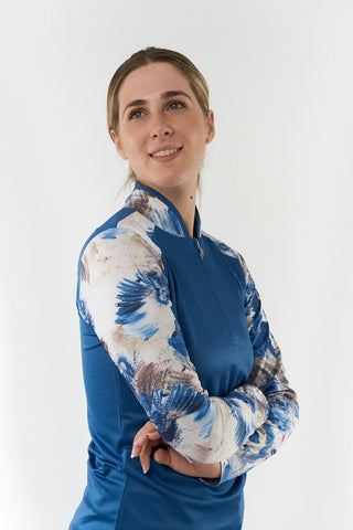 Pure Golf Hazel Long Sleeve Zip Neck Top- Stone Canvas Collection - Vallarta Blue