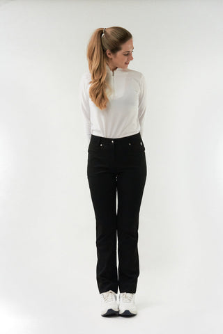 Black ladies golf trousers made from flexible lightweight 4 way stretch material.  Featuring a zip and button fastening with five belt loops, a regular fit with anti-crease and anti-static properties. These women's golf trousers have two open pockets to the front and back. Size 8 to 20.
