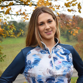 Pure Golf Sienna Long Sleeve Zip Neck Top - Stone Canvas Collection - Navy