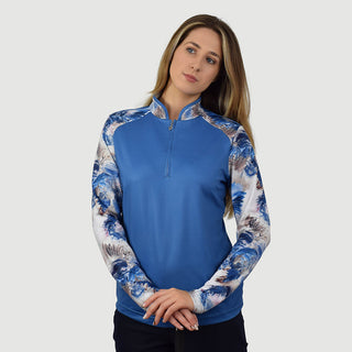 Pure Golf Hazel Long Sleeve Zip Neck Top- Stone Canvas Collection - Vallarta Blue
