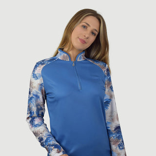 Pure Golf Hazel Long Sleeve Zip Neck Top- Stone Canvas Collection - Vallarta Blue