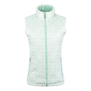 Frosted Sage Pure Golf Eve reversible ladies gilet for golf is insulated, winter-weight, patterned and reversible. It has been Insulated for warmth without being bulky. It has a unique frosted field, floral print  on one side and plain frosted sage on the other for versatility of wear. It has pockets on both sides and two-way zippers. The flattering quilting style and fit enhances your silhouette. 