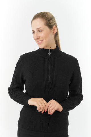 Pure Golf Sorrell Cable Knit Lined Quarter Zip Ladies Golf Jumper - Black