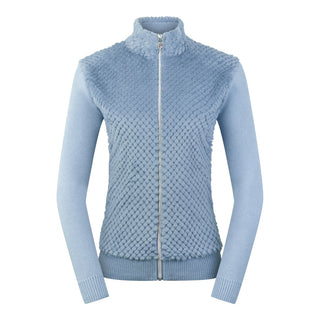 This Ladies Golf zip cardigan in Powder Blue is super soft and has been designed for ultimate comfort. It has a super soft faux fur collar and chest for style and warmth. Regular fit for a flattering silhouette