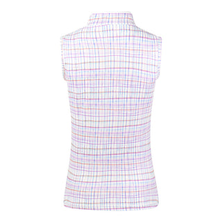 The back product shot features the Pure Golf Rise Pastel Score Sleeveless Ladies' Golf Polo Shirt, showcasing soft, refreshing pastel shades that evoke a springtime feel. With a regular fit and 4-way stretch, it offers comfort and a flattering silhouette for all body types. The mandarin collar adds a sophisticated touch. Made from 95% polyester and 5% spandex, this polo provides anti-crease, anti-static, and quick-dry properties, along with UPF 50+ sun protection.