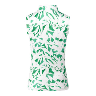 The Pure Golf Amity back view product shot of the sleeveless ladies golf polo shirt with botanical print in emerald green and white. It is a regular fit and has a 4 way stretch which ensures it is comfortable and flattering for all body types. It boasts a traditional collar for a classic and stylish look. The polo shirt is anti-crease, anti-static and quick dry with UPF 50+ which is and is 95% Polyester and 5% Spandex. Paired with Emerald Green Bermuda Shorts. 