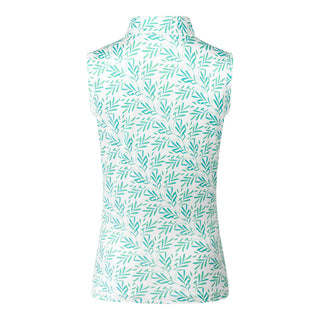 A product back shot of the Pure Golf Amity Sleeveless Ladies Golf Polo Shirt in Floating Palms White, highlighting a vibrant all-over botanical print in Ocean Colour against a crisp white backdrop. This regular-fit polo provides 4-way stretch for a flattering fit on all body types. With its traditional collar, it offers a timeless style. The shirt is designed to be anti-crease, anti-static, and quick-drying, while also providing UPF 50+ sun protection. Made from a blend of 95% Polyester and 5% Spandex. 