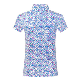 The Pure Golf Ellen short-sleeve ladies' polo shirt product shotfrom the back showcasing our Over Eighteen Print featuring cocktail motifs in a subtle scale. Designed with a regular fit, it offers a 4-way stretch for comfort and a flattering shape on all body types. The stylish sweetheart collar adds a fashionable touch. This polo is made from 95% Polyester and 5% Spandex, offering anti-crease, anti-static, and quick-dry properties, along with UPF 50+ sun protection.