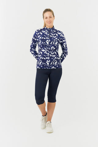 Serenity Long Sleeve Ladies Golf Zip Top - Wild Peony Navy