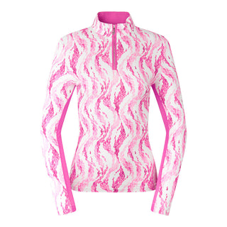 The Pure Golf Balance long-sleeve ladies' golf zip top in Rose Water, shown in a front product shot, features layers of delicate petals in varying shades of pink. Designed with a regular fit, it offers 4-way stretch for superior comfort and flexibility on all body types. The mock neck collar adds a sleek look, while the mesh sleeve panels enhance breathability. Made from 95% Polyester and 5% Spandex, the top is anti-crease, anti-static, quick-drying, and provides UPF 50+ sun protection.