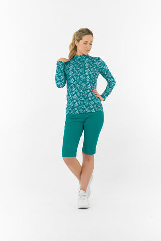 Serenity Long Sleeve Ladies Golf Zip Top - Teal Frondescence