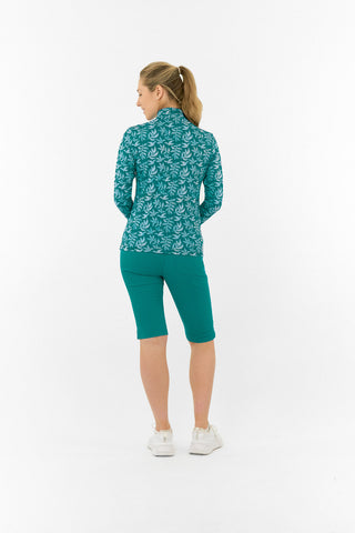 Serenity Long Sleeve Ladies Golf Zip Top - Teal Frondescence