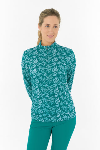 Serenity Long Sleeve Ladies Golf Zip Top - Teal Frondescence