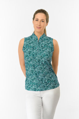 Ellen Sleeveless Ladies Polo Golf Shirt - Teal Crosshatch