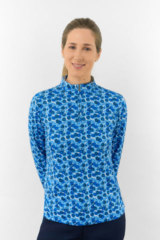 Serenity Long Sleeve Ladies Golf Zip Top - Blueberry Bokeh