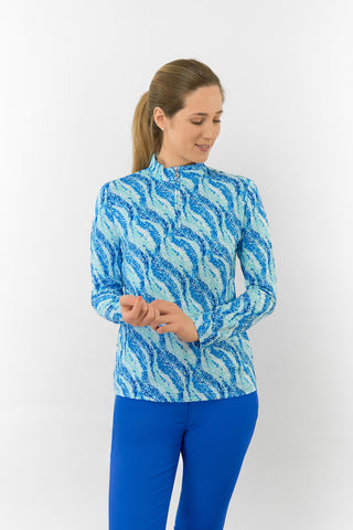 Serenity Long Sleeve Ladies Golf Zip Top - Marine Mosaic