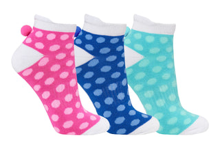 3 pair pack of multi spot in Pink, Blue & Aqua ankle ladies golf socks have a coordinating colour pom pom on the heel to help the socks hold their position. All socks feature the word "golf" on the sole.  Made from a soft, stretchy cotton blend fabric allowing breathability, with a cushioned sole and compression fit. They are suited to UK sizes between 4 and 7. 85% Cotton, 13% Polyester, 2% Elastane.
