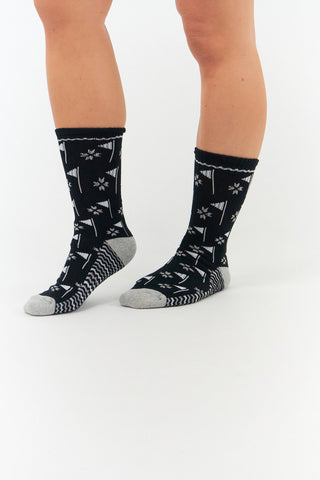 NSCO- Pair of Black Crew Ladies Golf Socks with Flag Design