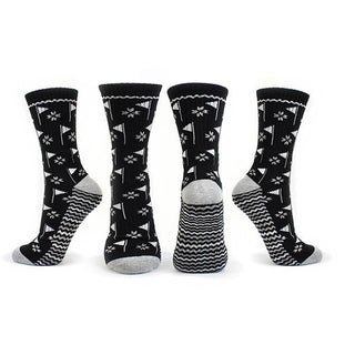 Ladies 3 pair pack in Navy, Grey and Black crew golf socks have a trendy golf flag design with lurex stripe detailing on the sole. Made from a soft, stretchy cotton blend fabric allowing breathability, with a cushioned sole, compression fit and Rib cuff for a snug fit. They are suited to UK sizes between 4 and 7. 85% Cotton, 13% Polyester, 2% Elastane.