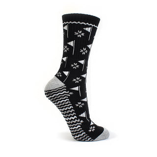Ladies Black Crew Golf Sock has a trendy golf flag design with lurex stripe detailing on the sole. Made from a soft, stretchy cotton blend fabric allowing breathability, with a cushioned sole, compression fit and Rib cuff for a snug fit. They are suited to UK sizes between 4 and 7. 85% Cotton, 13% Polyester, 2% Elastane.